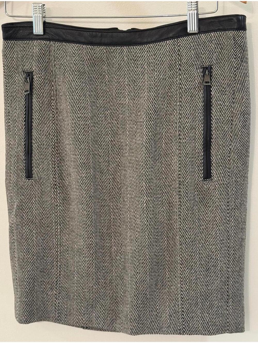 Burberry Prorsum Herringbone Wool Leather Trim Skirt